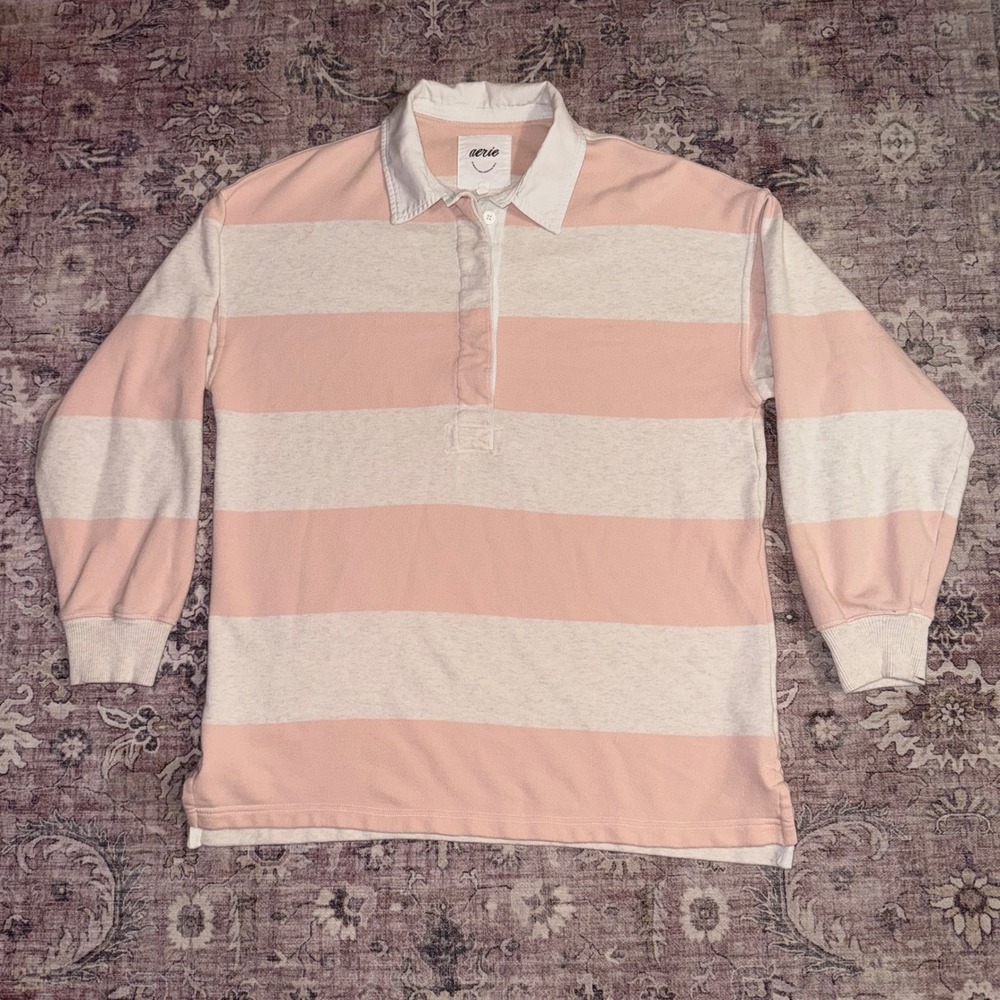 Aerie Oversized Pink Cream Striped Long Sleeve Shirt Soft Size Small